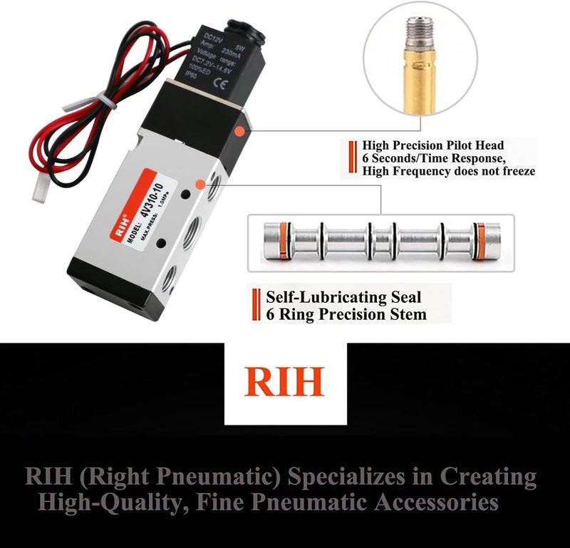 RH Pneumatics Solenoid Valve 4V310-10 12V/24V/110V Series Single Coil Pilot-Operated Electric 2 Position 5 Way Connection Type (DC12V/Out of line, 3/8"NPT) - Image 5
